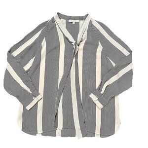 LOFT Women's Tie Neck Blouse Long Sleeve Cream Black Stripes Size Large Career